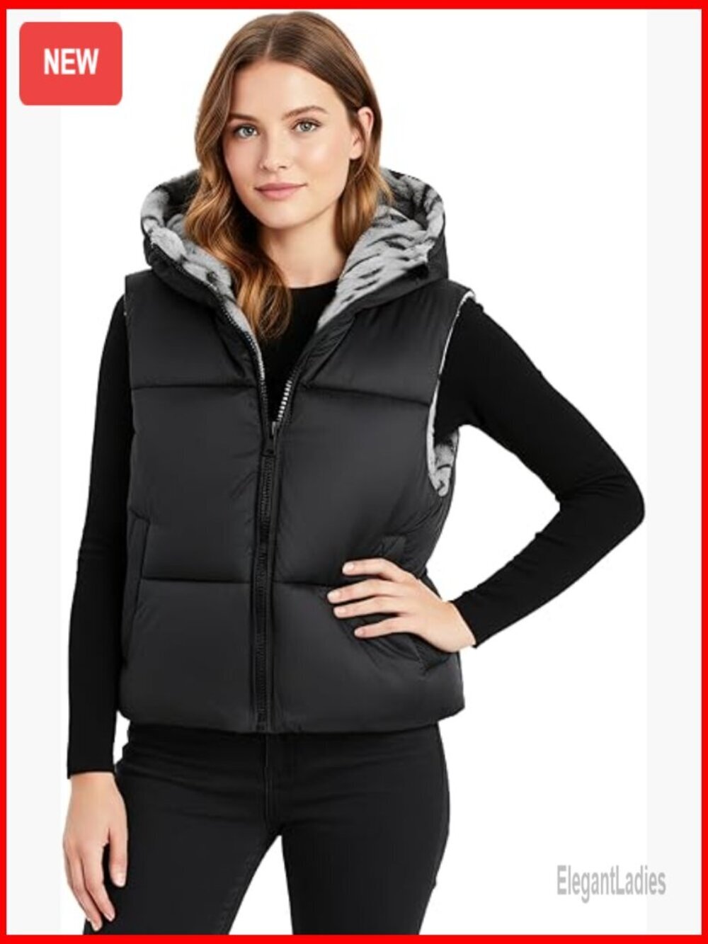Reversible Cropped Puffer Vest Fleece Lined Hoodie Sleeveless Jacket